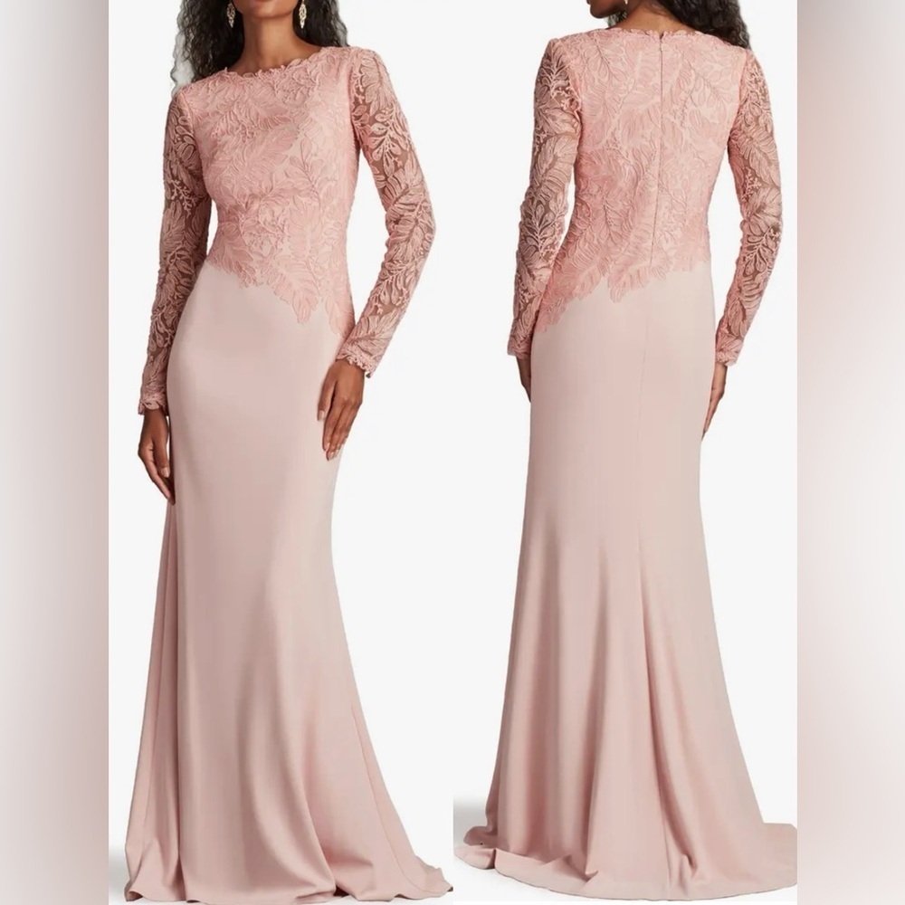NWOT Tadashi Shoji Embroidered Leaf Print Long Sleeve Gown Adobe Blush Sz 6